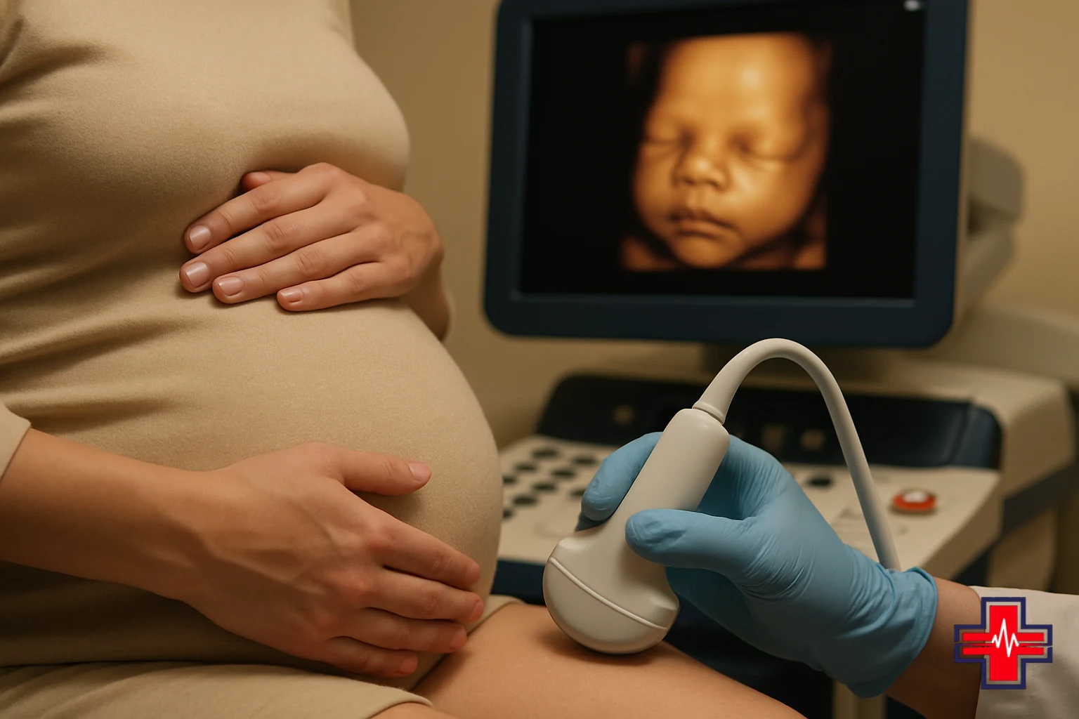Expectant mother viewing detailed 3D ultrasound image of fetal face during prenatal bonding imaging appointment