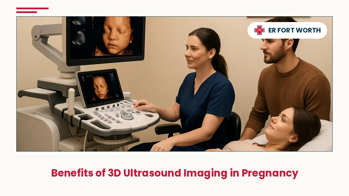 Sonographer performing 3D ultrasound imaging with expectant parents viewing fetal visualization on monitor at Fort Worth medical facility