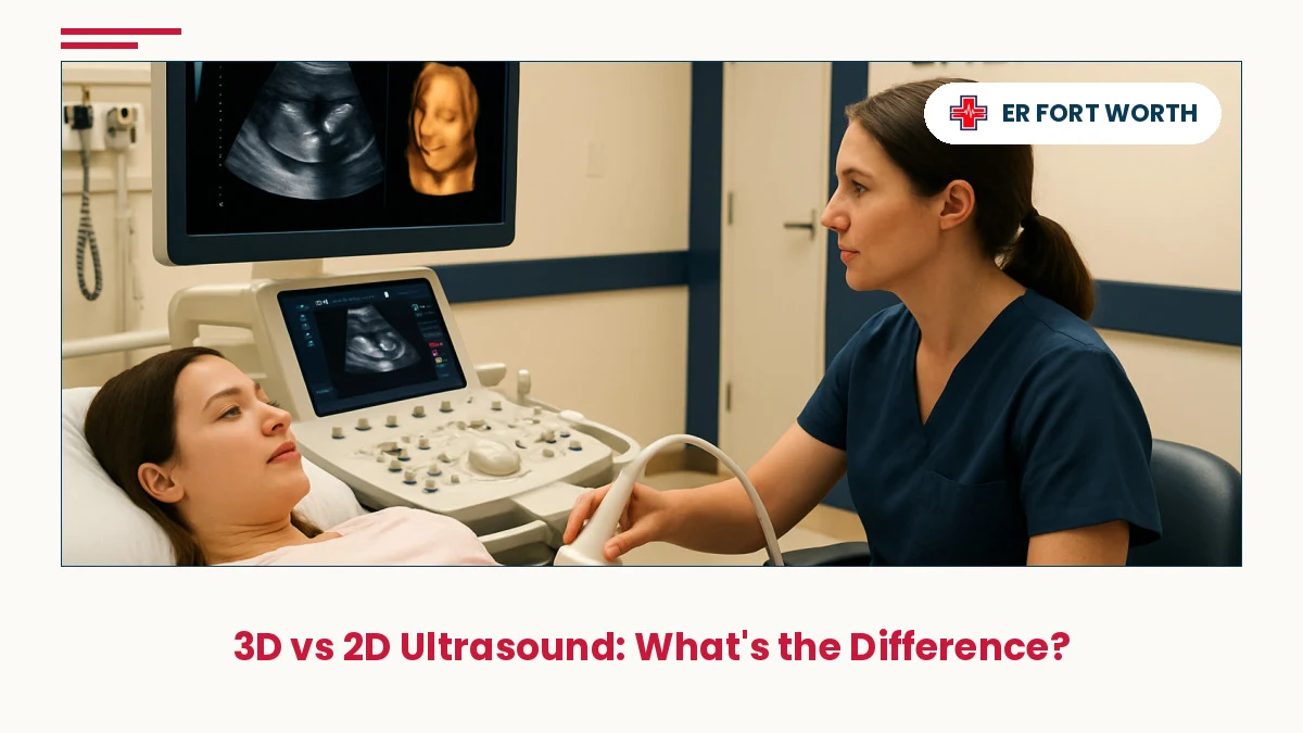Trained sonographer performing 2D and 3D ultrasound imaging assessment on pregnant patient in Fort Worth emergency room, with ultrasound mac