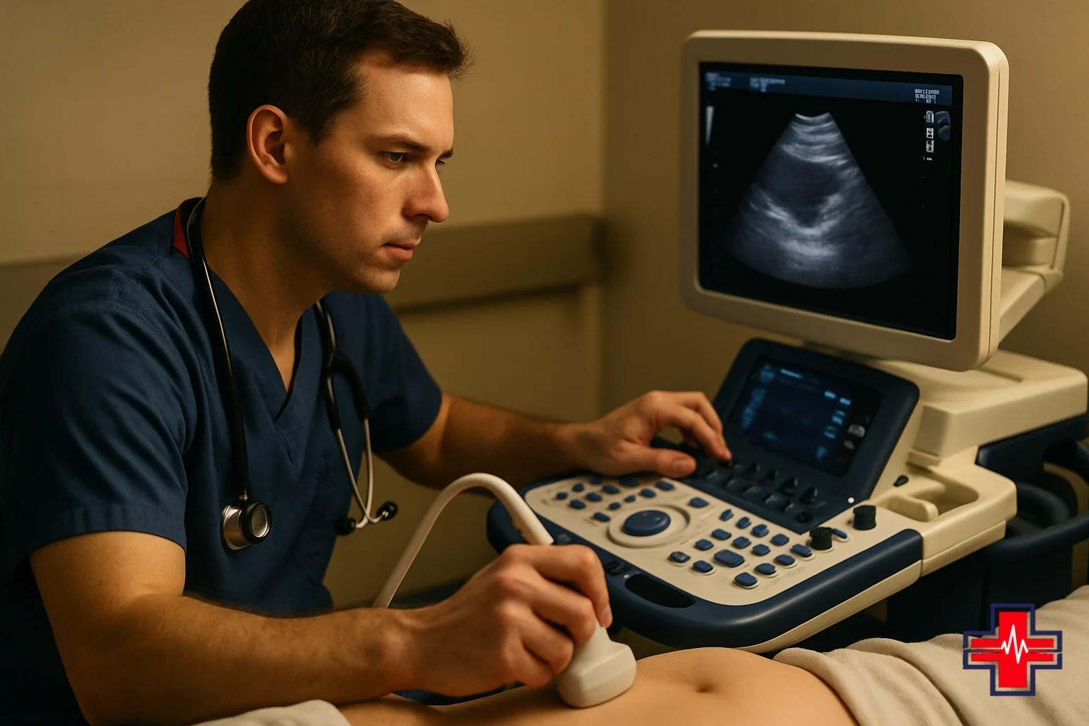 Emergency physician performing point-of-care abdominal ultrasound examination at patient bedside in ER