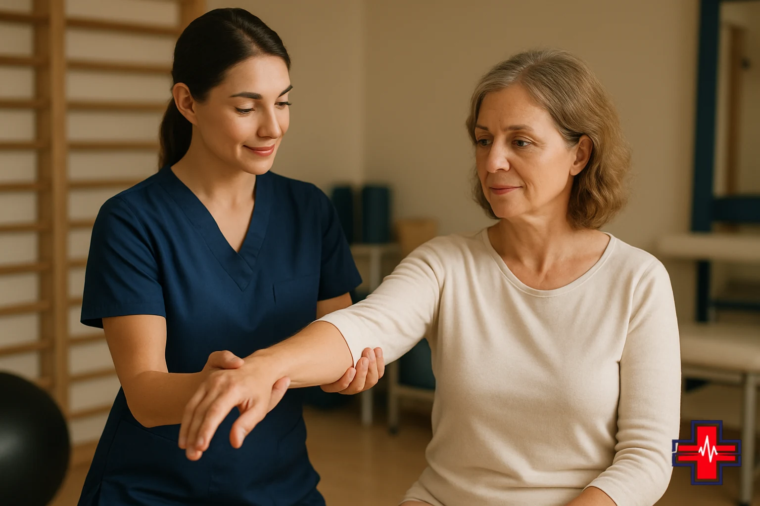 Physical therapist guiding patient through broken arm recovery rehabilitation exercises post-cast removal