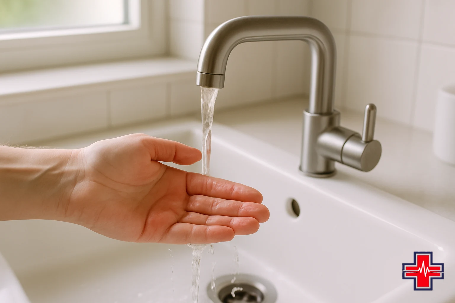 Proper burn first aid: cool running water technique applied to a thermal burn on the hand