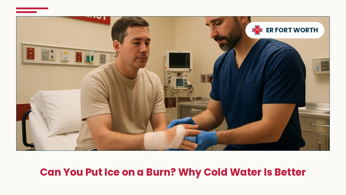 A medical professional examines a patient's burn injury in a Fort Worth emergency room treatment setting