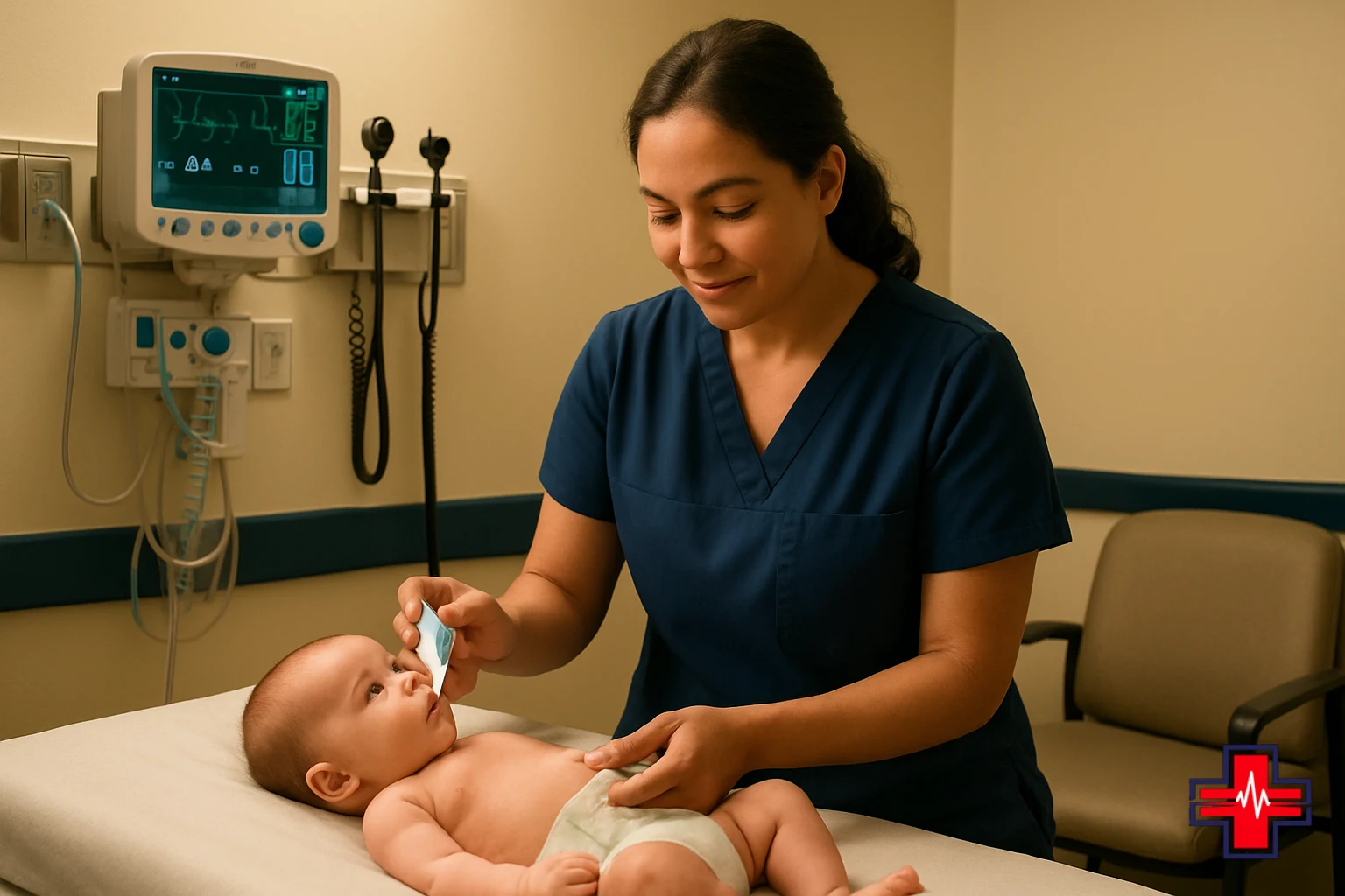 Pediatric nurse performing fever assessment with digital thermometer on a newborn in Fort Worth emergency care setting