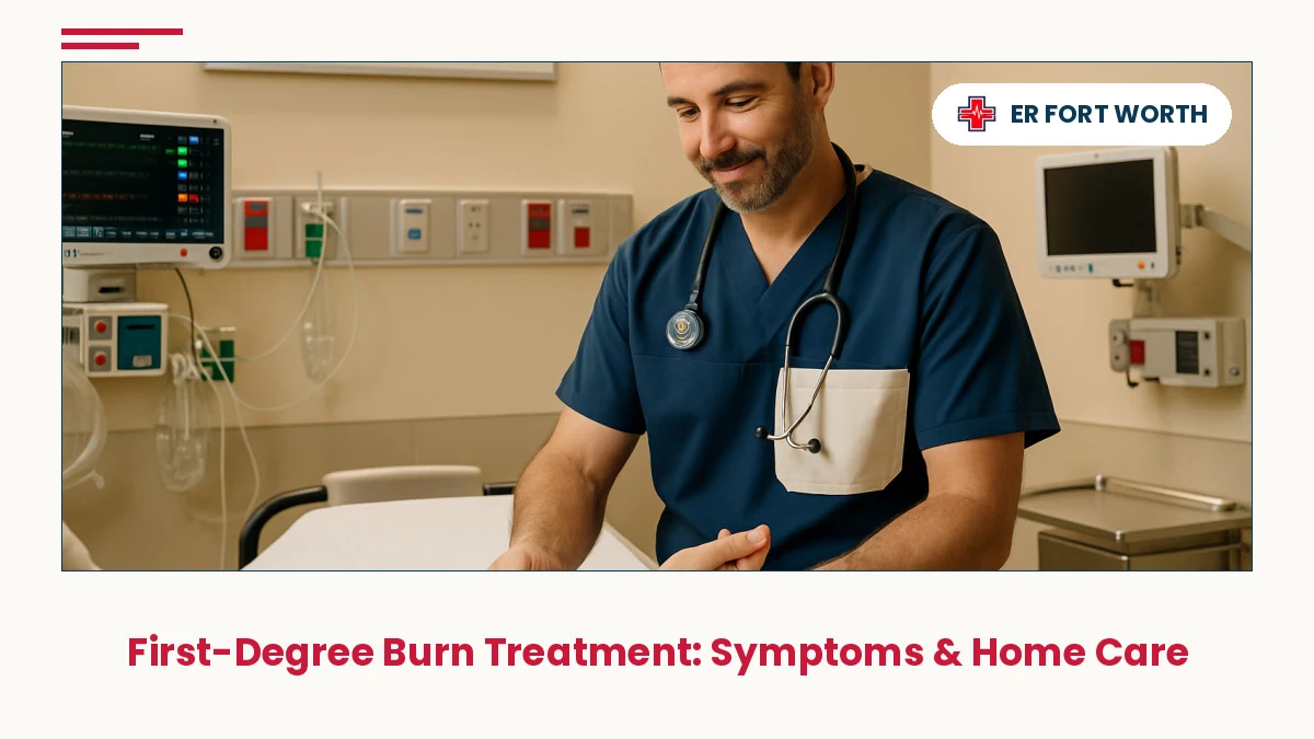 Emergency medicine physician examining first-degree burn treatment on a patient's arm in a modern Fort Worth ER clinical room.