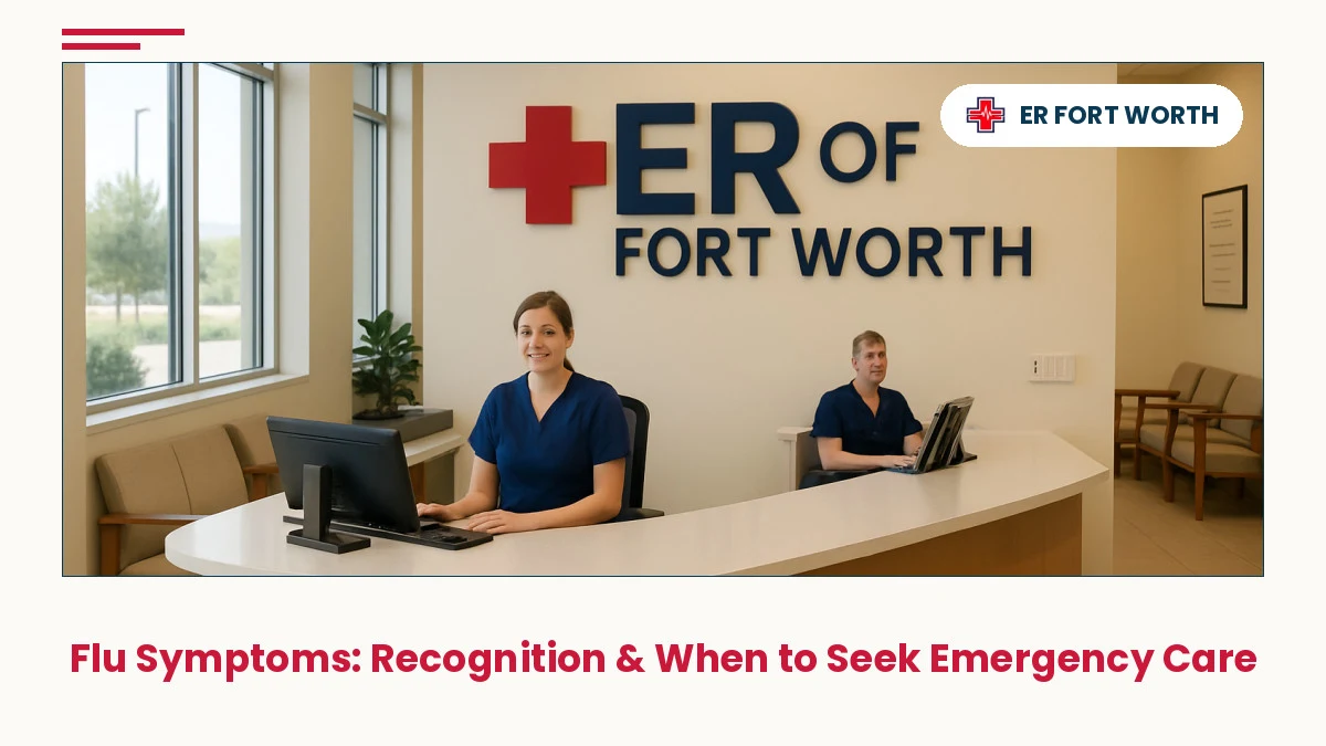 ER Of Fort Worth reception area showing calm check-in desk and waiting area with warm clinical atmosphere, emphasizing 24/7 accessibility fo