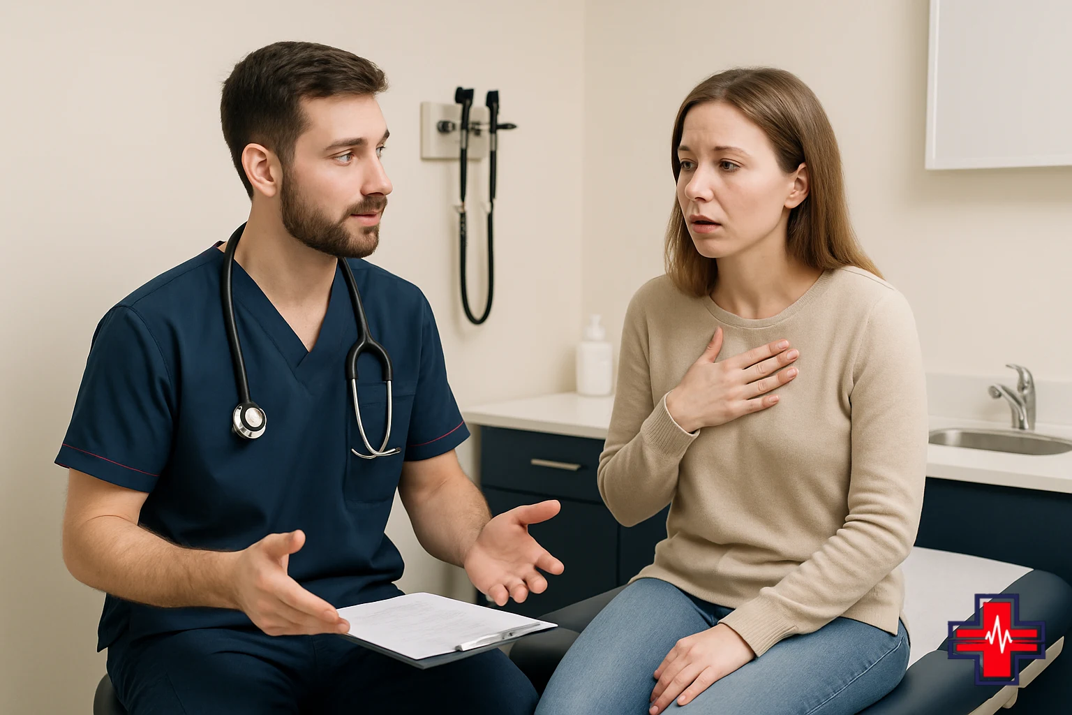 Healthcare provider examining patient during flu vs cold symptom assessment with clinical care focus