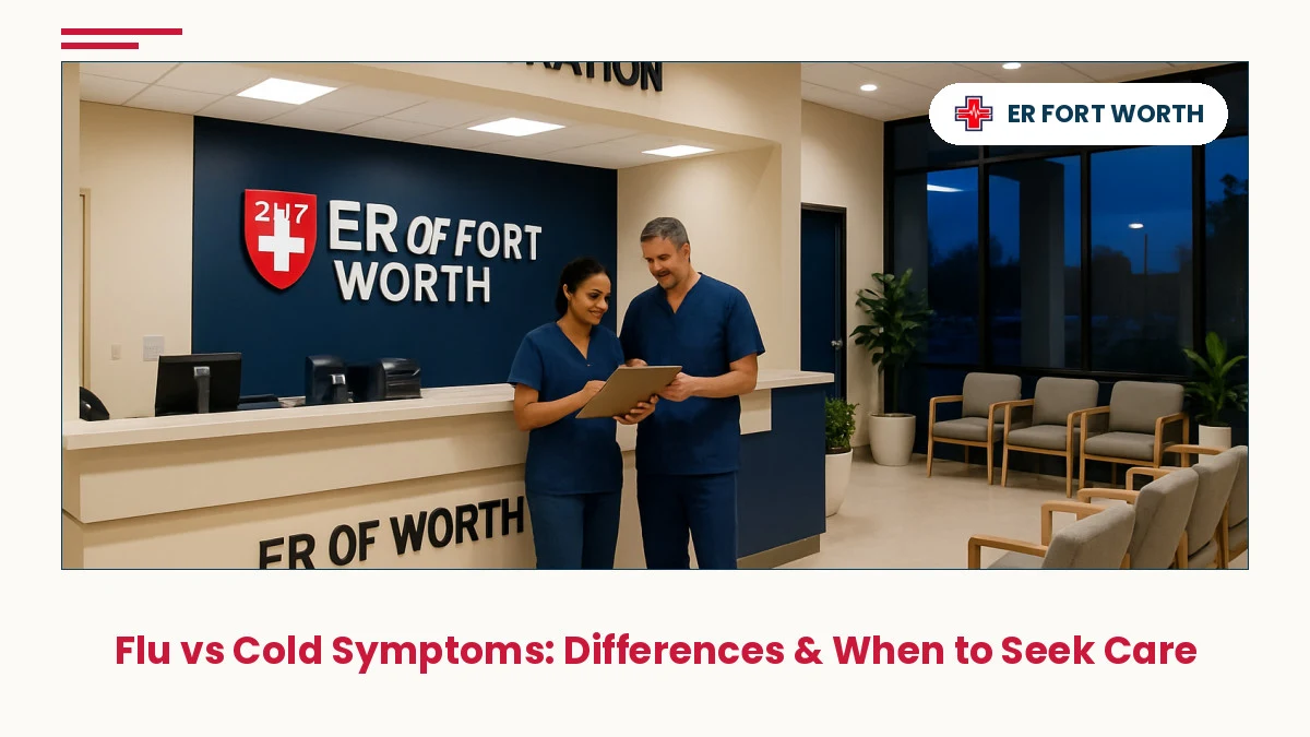 Welcoming 24/7 Fort Worth ER reception area with friendly staff ready to evaluate flu vs cold symptoms
