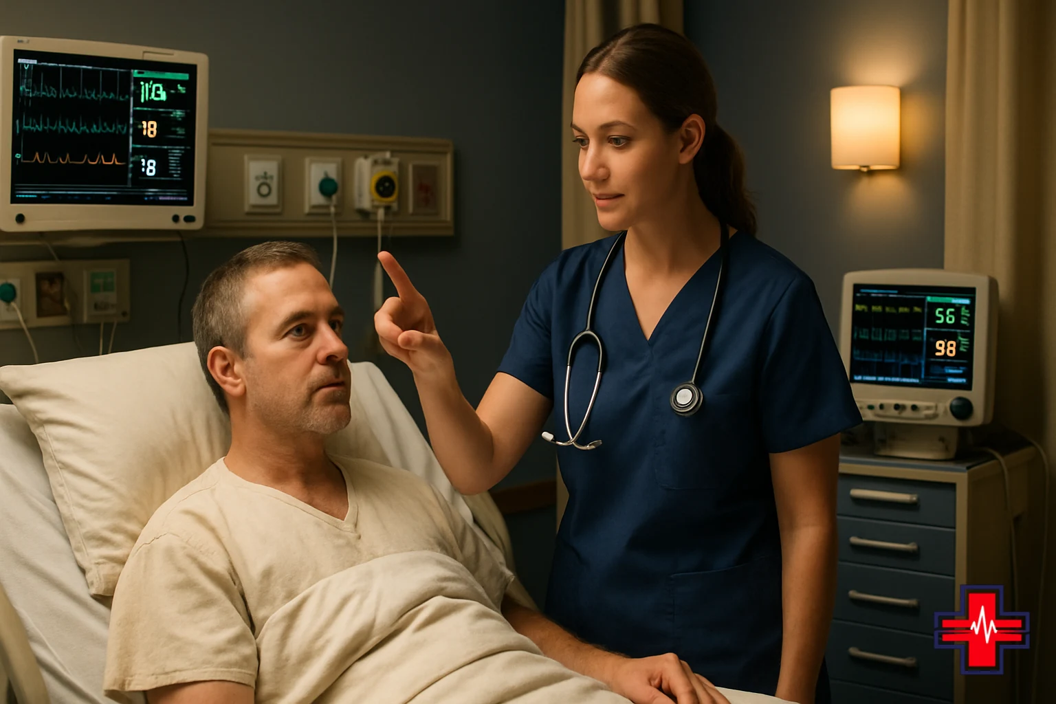 ER nurse performing neuro checks and head injury observation protocol assessment on a patient in a clinical monitoring room.