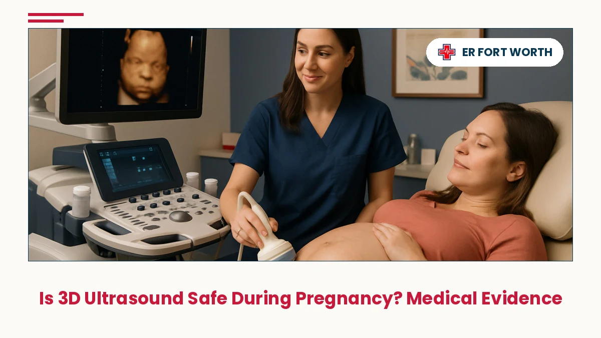 Registered sonographer performing safe 3D ultrasound imaging on pregnant patient in modern Fort Worth obstetric clinic