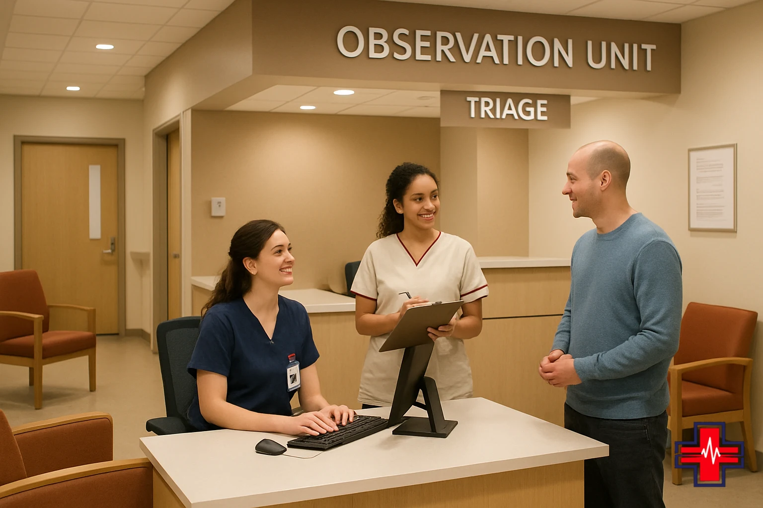 Welcoming reception desk at observation services unit with nursing staff greeting patient for short-stay hospital monitoring
