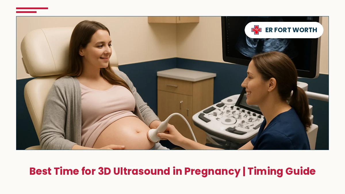 Pregnant woman receiving 3D ultrasound imaging in bright clinical Fort Worth facility with sonographer performing scan during optimal pregna