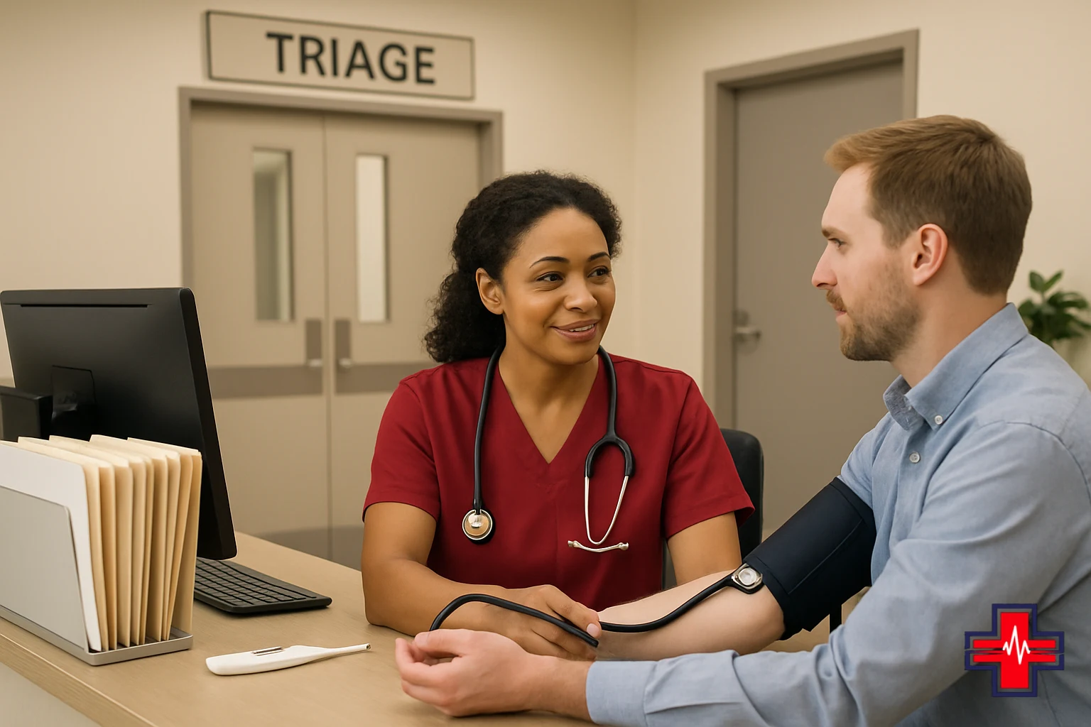 Triage nurse checking vital signs including temperature and blood pressure on patient, assessing when to go to ER for flu symptoms.