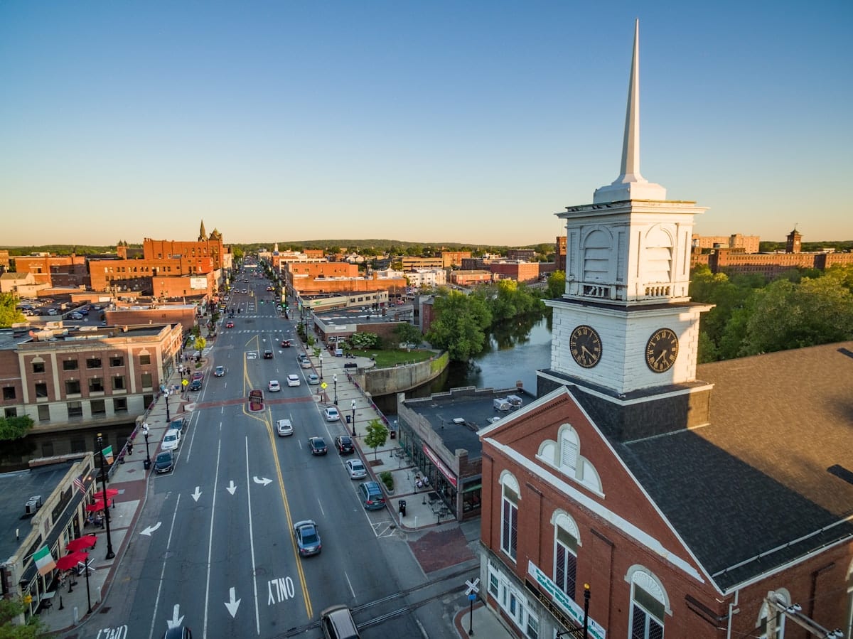 Aerial view of downtown Denton, TX near the historic square